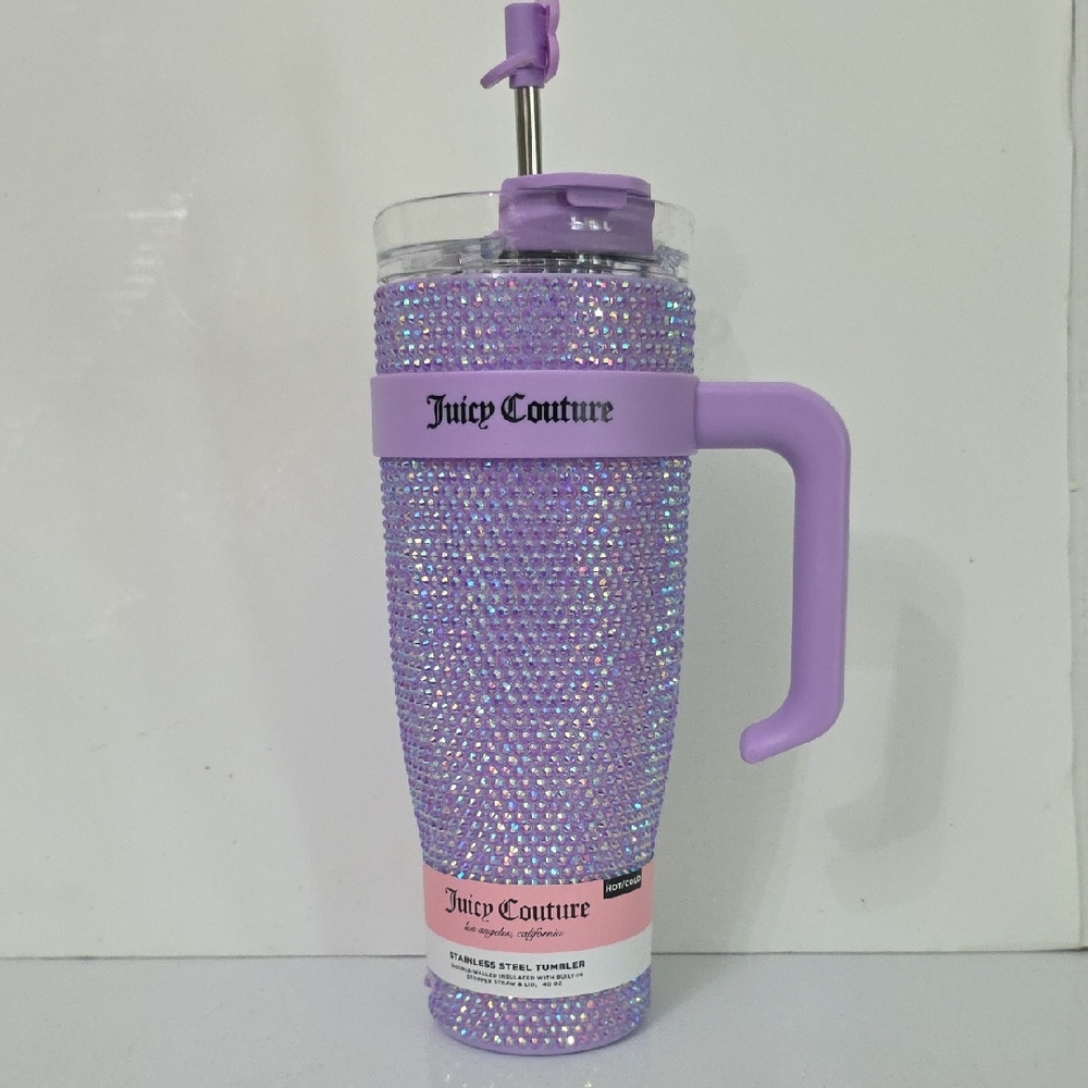 Juicy Couture Lavender Crystal Travel Tumbler with Handle, NWT